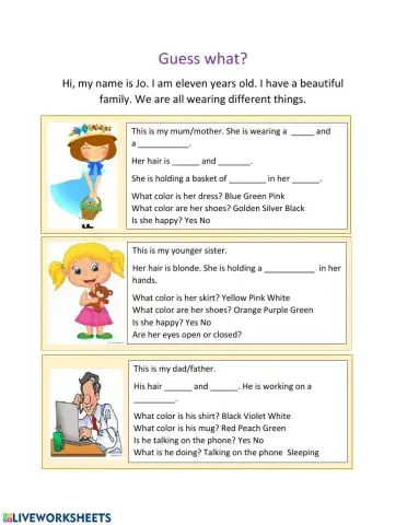 Vocabulary on family, colors and clothing