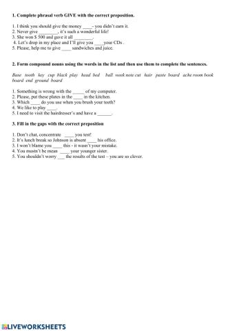 English in Use: phrasal verb give, dependent prepositions, word formation