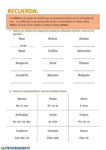 Introducción sílabas tónicas y clasificación palabras