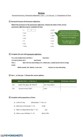 Review (Pronouns-Possessive Adjectives-Prepositions of Time-Can I? or Can you?