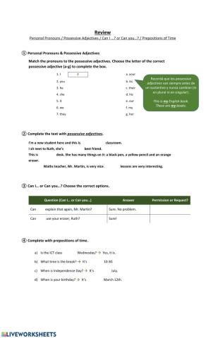 Review (Pronouns-Possessive Adjectives-Prepositions of Time-Can I? or Can you?
