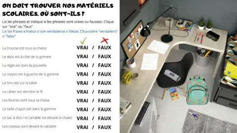 Matériel scolaire et prépositions de lieu