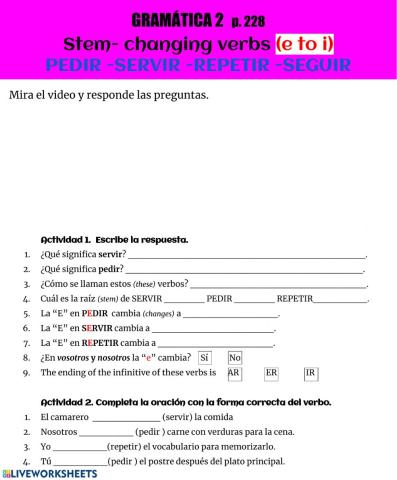 Gramatica 2 Stem changing verbs PEDIR SERVIR 