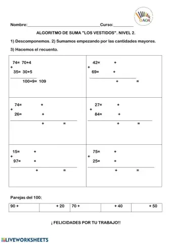 Algoritmo de suma Los vestidos. Nivel 2