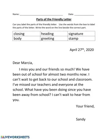 Label the Parts of the Friendly Letter
