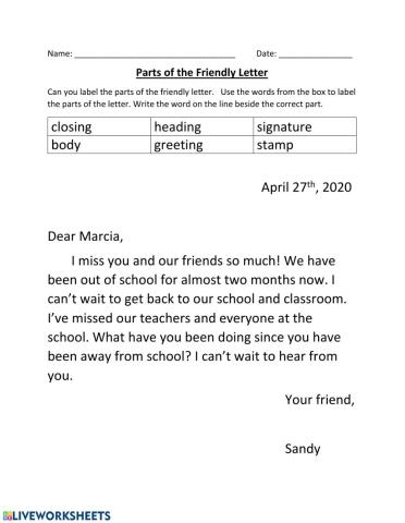 Label the Parts of the Friendly Letter