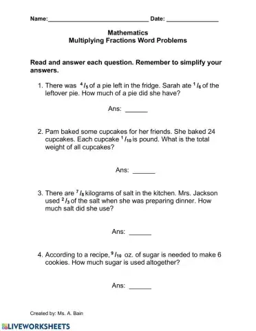 Multiplying Fractions Words Problems