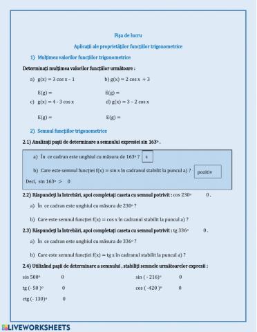 Aplicații ale proprietăților funcțiilor trigonometrice