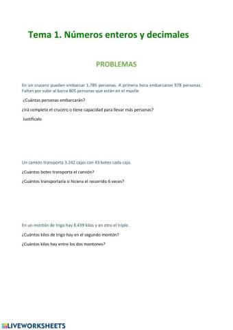 Problemas con números enteros y decimales