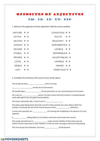 Opposites with prefixes  in- im- ir- un- dis