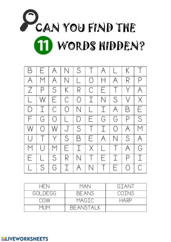 Jack and the beanstalk wordsearch