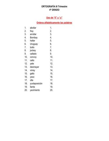 Orden alfabético palabras con ll e y de ortografía
