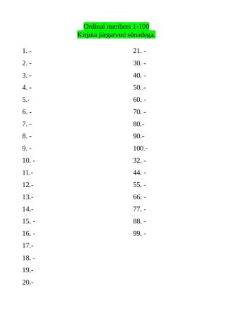 Ordinal Numbers 1-100