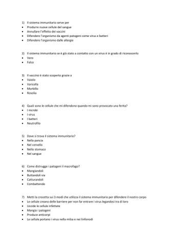 Quiz sistema immunitario