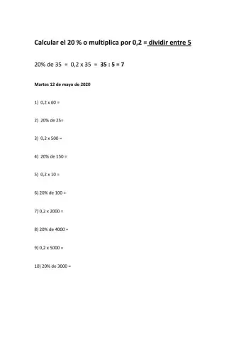 Cálculo mental: 20- o multiplicar por 0,2