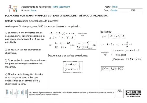 Sistemas de ecuaciones. Método de igualación