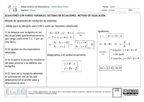 Sistemas de ecuaciones. Método de igualación