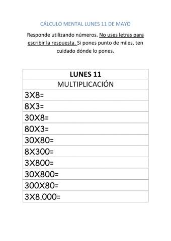 Cálculo mental 11 de mayo