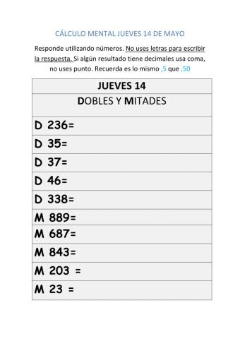 Cálculo mental 14 de mayo