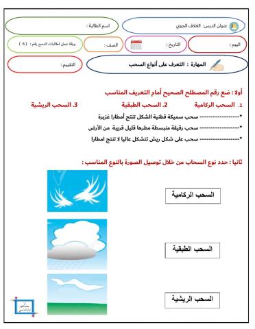 ورقة عمل انواع السحب