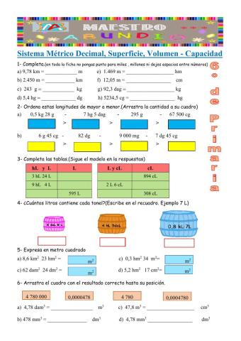 Sistema métrico decimal, superficie, volumen, capacidad.