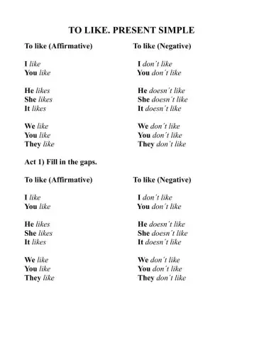 To like present simple aff, neg