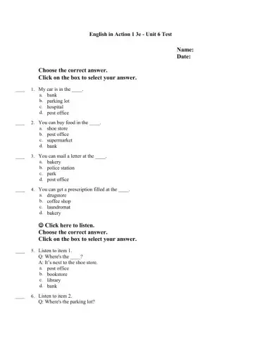 English In Action Unit 6 Test