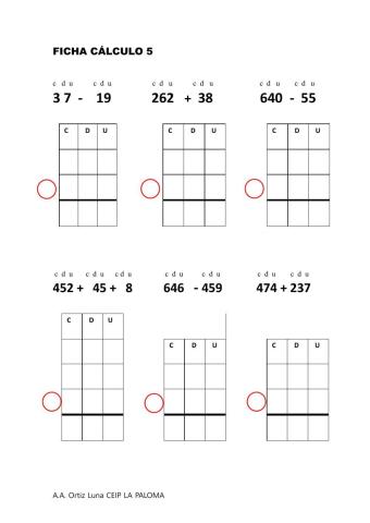 Cálculo sumas y restas con llevadas