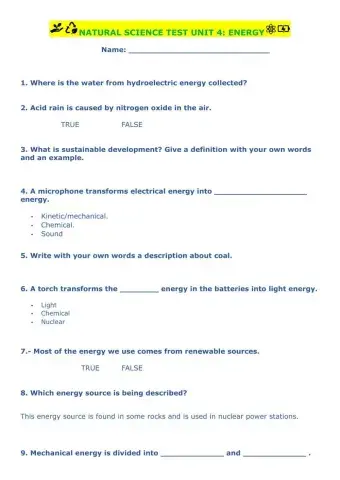 Unit 4 - energy test- natural science