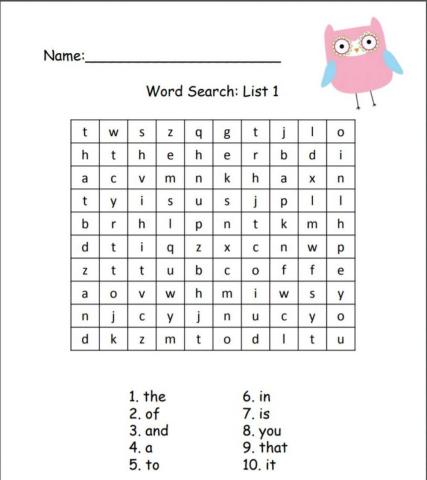 Fry Words 1-10 word search