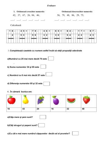 Evaluare adunarea și scăderea nr.0-100 fără trecere peste ordin