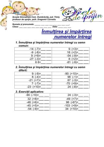 Înmulțirea și împărțirea numerelor întregi