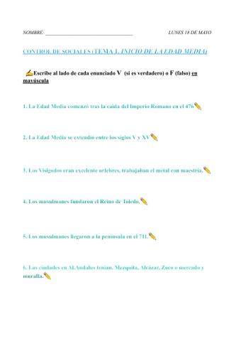 EXAMEN SOCIALES 5º TEMA 1 INICIO DE LA Edad Media