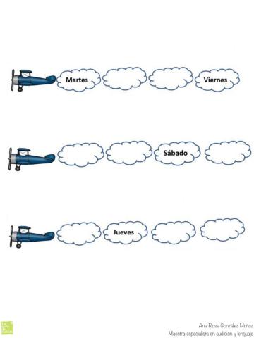 Completa la serie escribiendo el día de la semana que falta en cada nube.