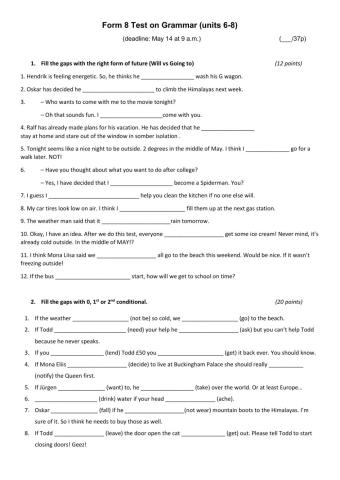 Form 8 Grammar test (units 6-9) 8A