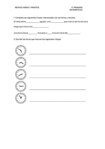 Ejercicios de repaso de horas y minutos