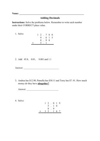 Addition of Decimals