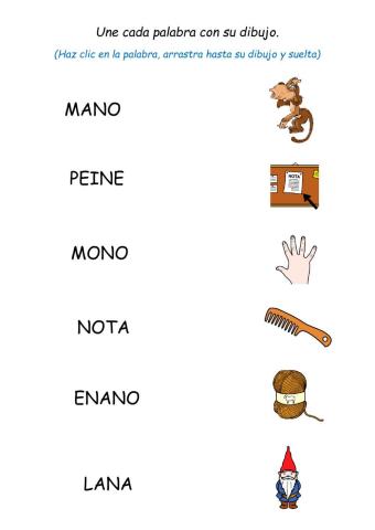 Letra N: Unir palabras y dibujos