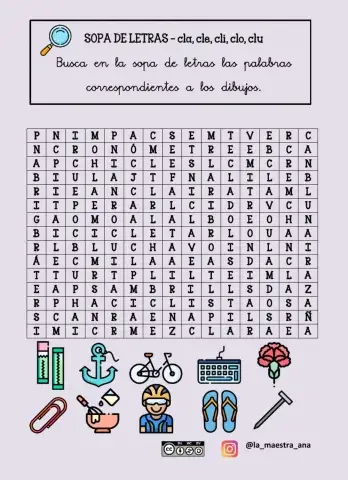 Sopa de letras cla, cle, cli, clo, clu