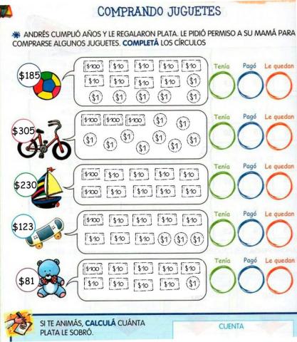 Billetes y monedas, comprando juguetes