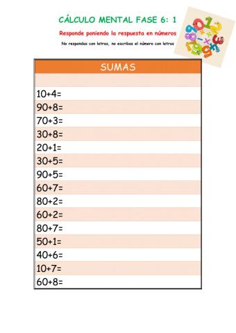 Cálculo mental Sumas Fase 6