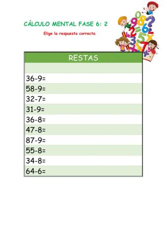 Cálculo mental Restas Fase 6-2