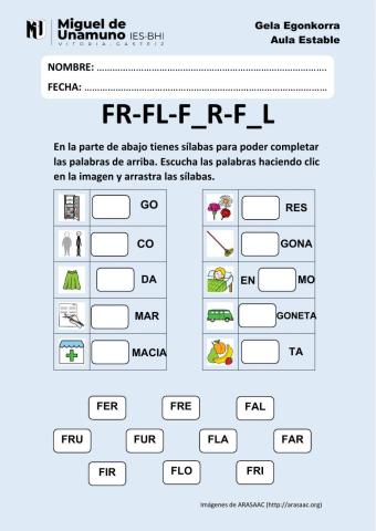 FR-FL-F-R-F-L: arrastra las sílabas y escribe las palabras