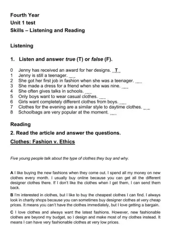 Fourth Year Unit 1 Test - Reading and Listening