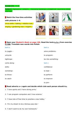 Reading comprehension, Unit 7