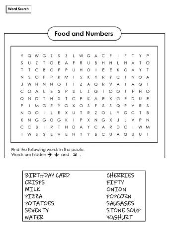 Food and Numbers Word Search