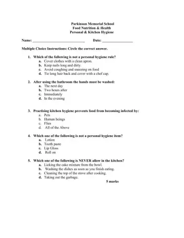 Personal - Kitchen Hygiene worksheet