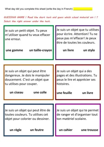 Lecture comprehension-devinettes (materiel scolaire-fournitures)