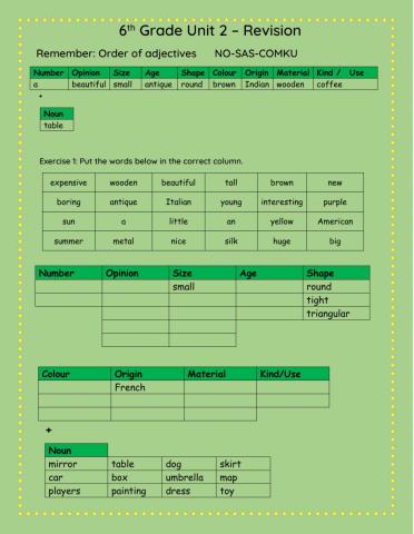 Order of adjectives, shops and products