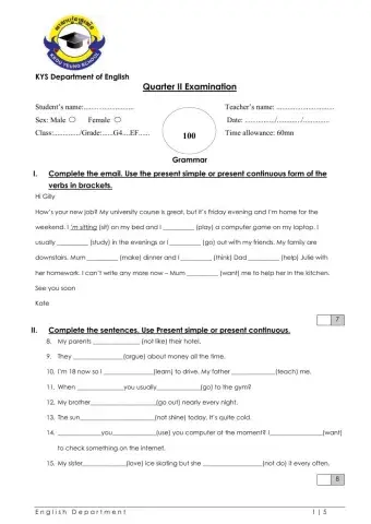 Grade 4 English File Grammar Test